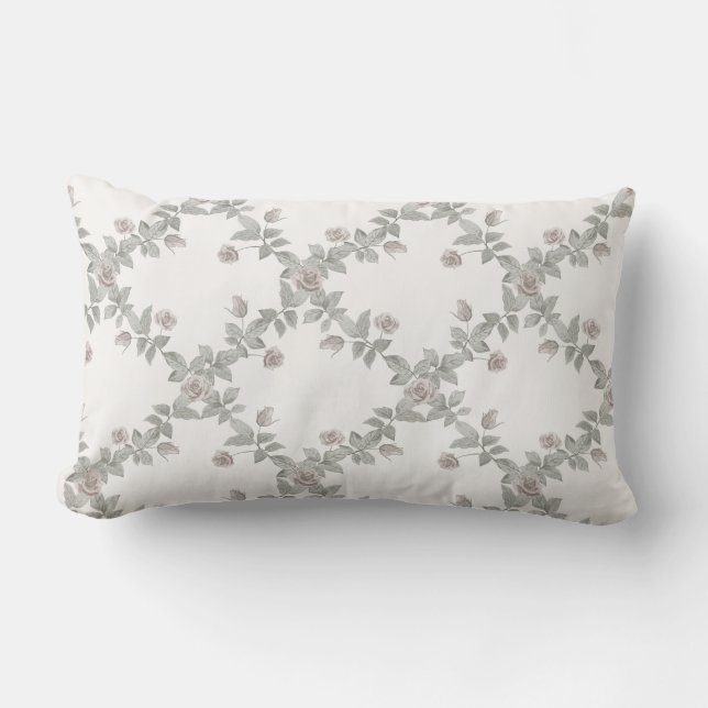 Off-White Taupe Rose Sage Trellis Pattern Lumbar Pillow (Front)