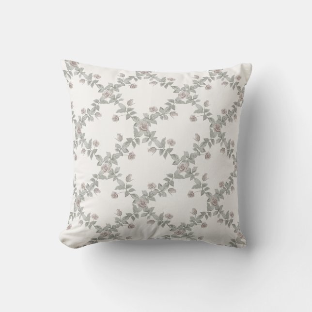 Off-White Taupe Rose Sage Trellis Pattern Throw Pillow (Front)