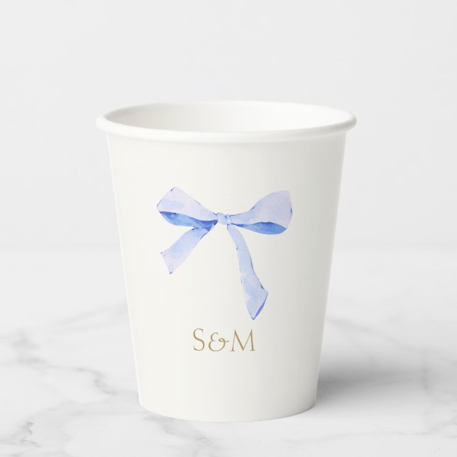 Off White | Trendy Blue Ribbon Wedding Paper cup (Front)