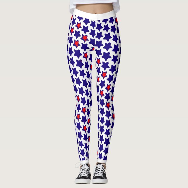 Offbeat Distorted Red White Blue Stars Leggings (Front)