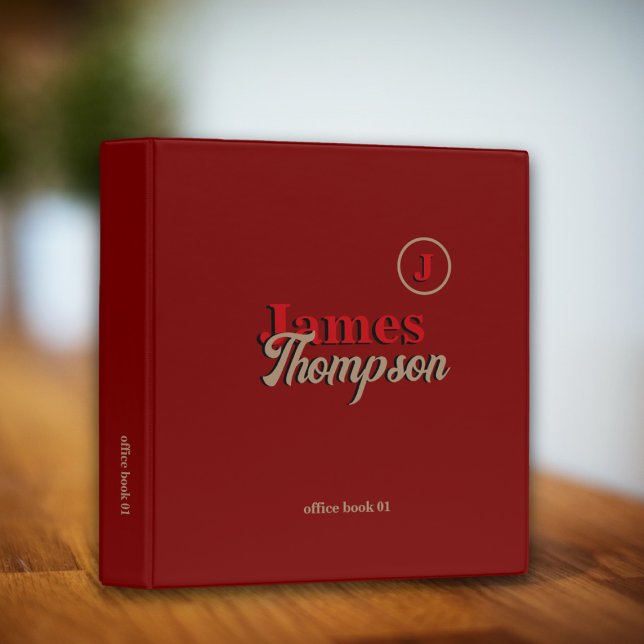 Office Book Bold Name monogrammed dark-red Binder (Creator Uploaded)