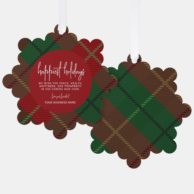 Office - green red plaid - Happiest Holiday Ornament Card (Front/Back)