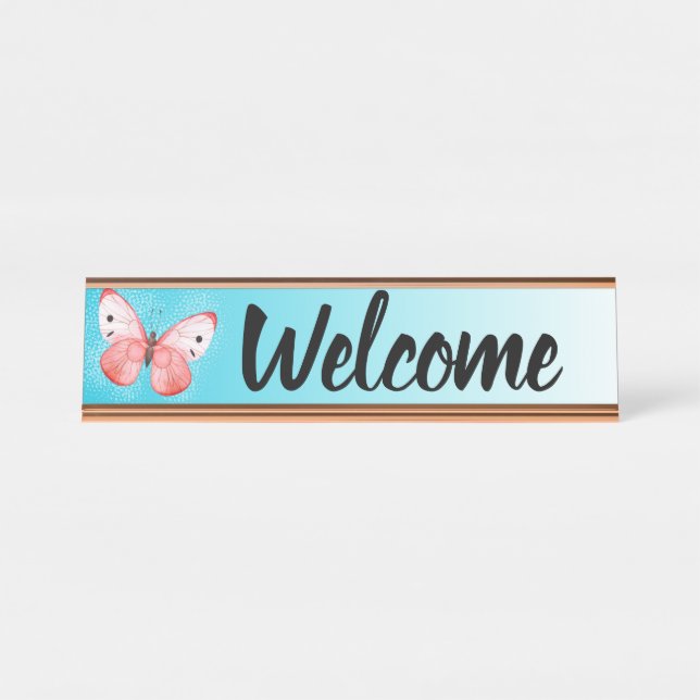 Office Receptionist Desk Welcome Butterfly Desk Name Plate (Front)