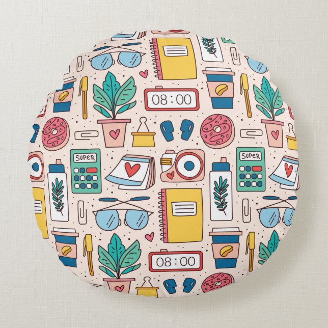 Office stationery. Seamless pattern, texture, back Round Pillow (Front)