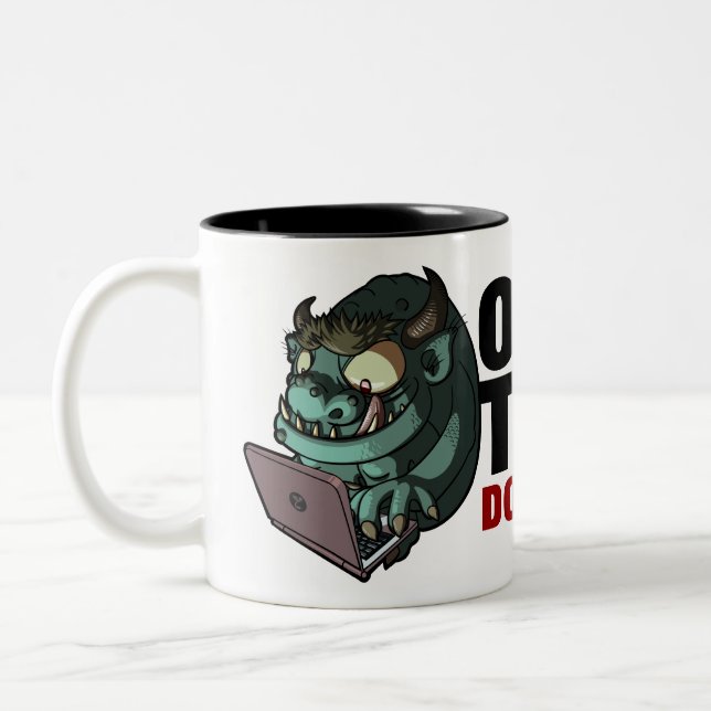 Office Troll Do Not Feed! Internet Troll Cartoon Two-Tone Coffee Mug (Left)