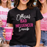 Official Bad Influence Custom Bachelorette Party T-Shirt<br><div class="desc">Turn heads and own the moment with this bold and playful “Official Bad Influencer” bachelorette shirt. Perfect for bridal parties, girls trips, and unforgettable bachelorette weekends, this design adds humor and personality to your celebration. Featuring a modern mix of script and bold typography with a customizable name, it’s ideal for...</div>