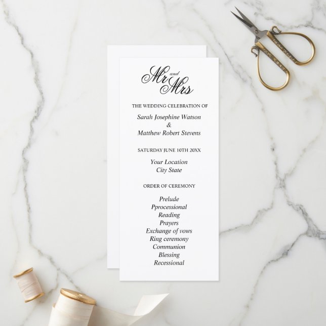 Official chic Mr and Mrs wedding ceremony program (Front/Back In Situ)