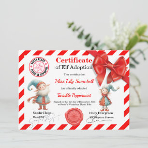 Official North Pole Elf Adoption Certificate  Invitation