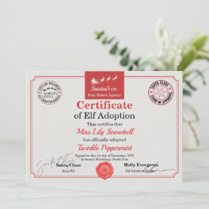 Official North Pole Elf Adoption Certificate  Invitation