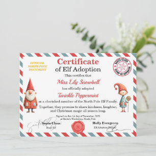 Official North Pole Elf Adoption Certificate  Invitation