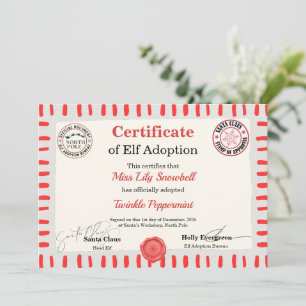 Official North Pole Elf Adoption Certificate  Invitation
