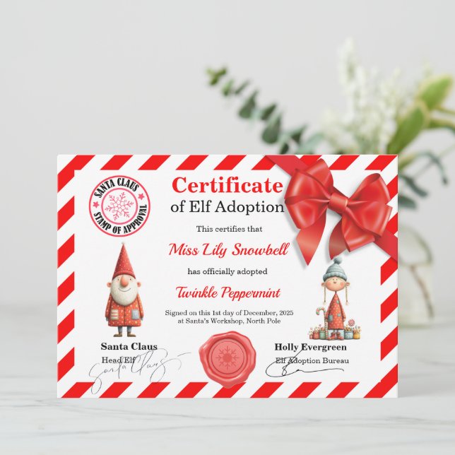 Official North Pole Elf Adoption Certificate  Invitation (Standing Front)