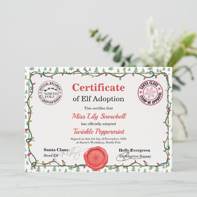 Official North Pole Elf Adoption Certificate  Invitation (Standing Front)