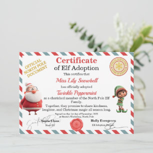 Official North Pole Elf Adoption Certificate  Invitation