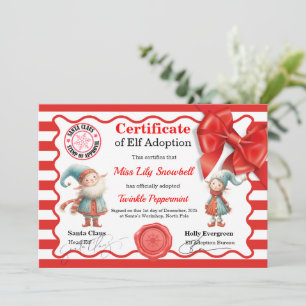 Official North Pole Elf Adoption Certificate  Invitation