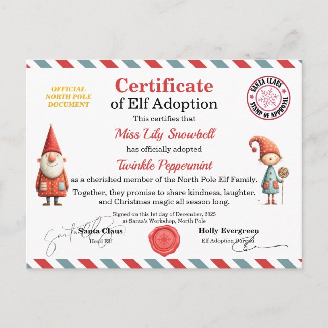 Official North Pole Elf Adoption Certificate  Postcard (Front)