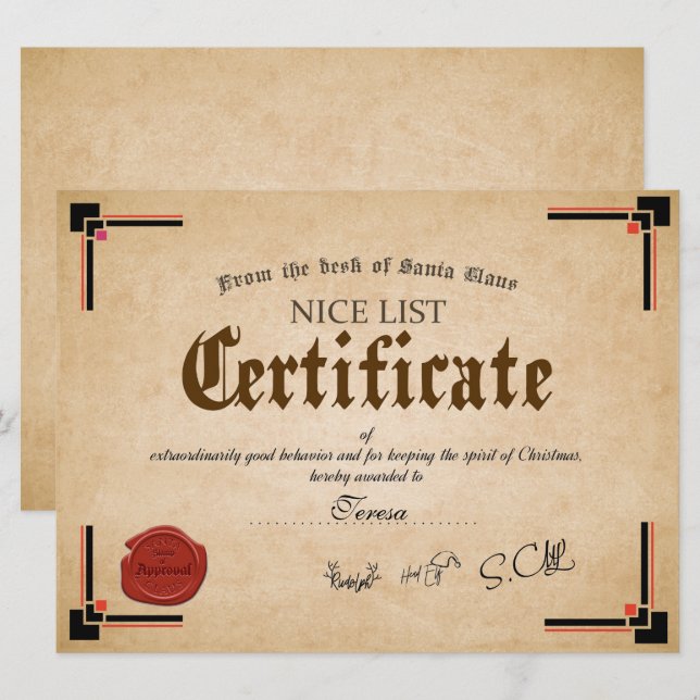 Official Santa Nice List Certificate Holiday Card (Front/Back)
