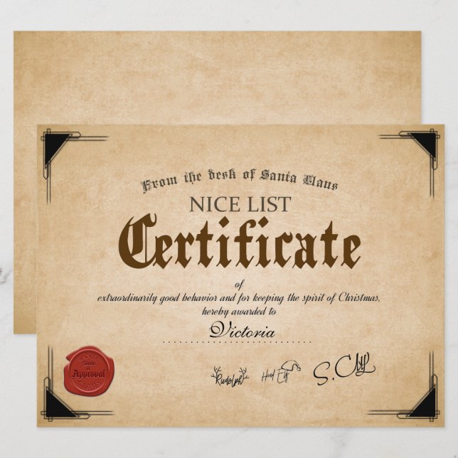 Official Santa Nice List Certificate Holiday Card (Front/Back)
