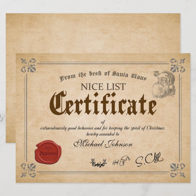 Official Santa Nice List Certificate Holiday Card (Front/Back)