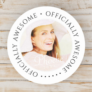 Officially Awesome Modern Simple Birthday Photo Classic Round Sticker