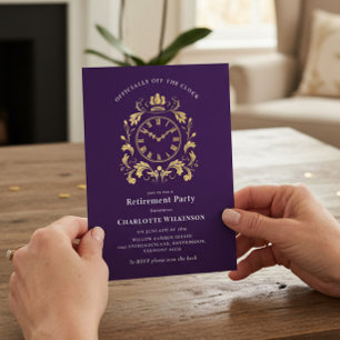 Officially Off The Clock Gold Scroll Retirement  Invitation