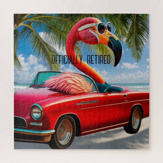 Officially Retired Flamingo & Convertible on Beach Jigsaw Puzzle (Vertical)