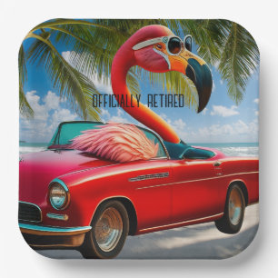 Officially Retired Flamingo & Convertible on Beach Paper Plate