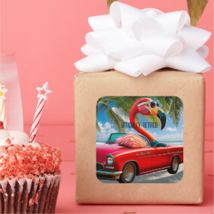 Officially Retired Flamingo & Convertible on Beach Square Sticker