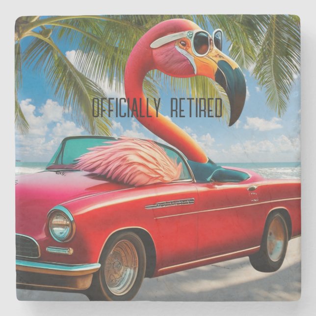 Officially Retired Flamingo & Convertible on Beach Stone Coaster (Front)