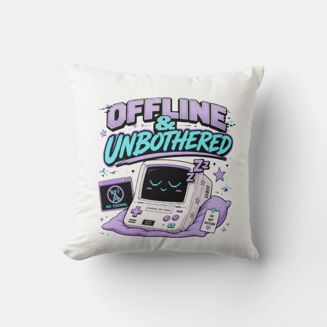 Offline And Unbothered Retro Sticker Throw Pillow (Front)