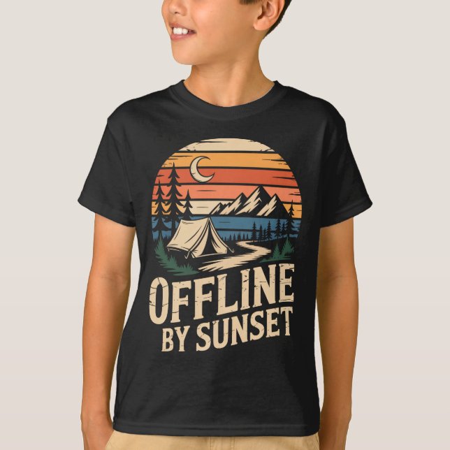 Offline by sunset retro camping mountain adventure T-Shirt (Front)
