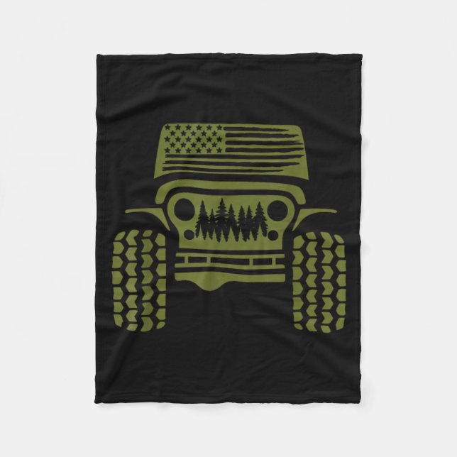 Offroad American Flag Forest 4x4 Adventure Retro Fleece Blanket (Front)