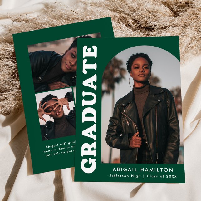 Offset Arch Green 4 Photo Graduation Announcement (Creator Uploaded)