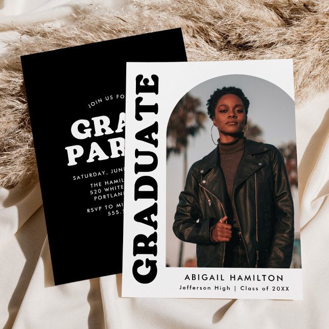 Offset Arch White and Black Photo Graduation Party Invitation (Creator Uploaded)
