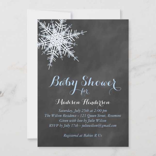 Offset Blue Chalk Snowflake Baby Shower Invite (Front)