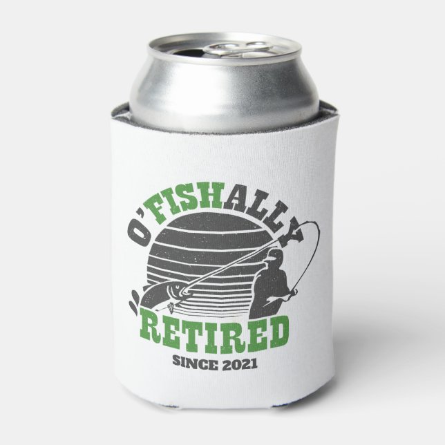 Ofishally Retired Fishing Retirement Gift Green Can Cooler (Can Front)