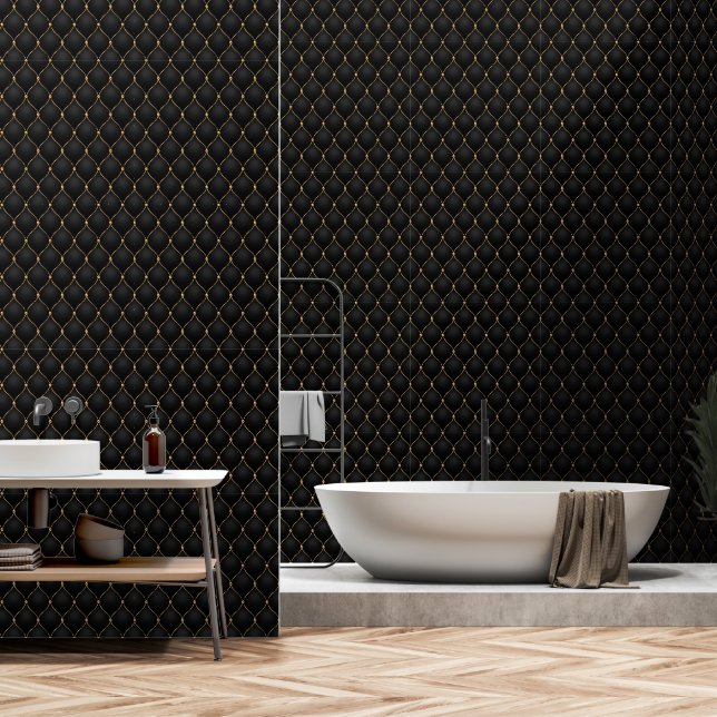 Ogee Gold Diamond Tufted Black Wallpaper (Bathroom)