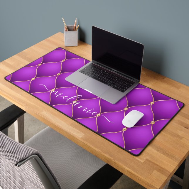 Ogee Gold Diamond Tufted Purple Violet Custom Name Desk Mat (Office 2)