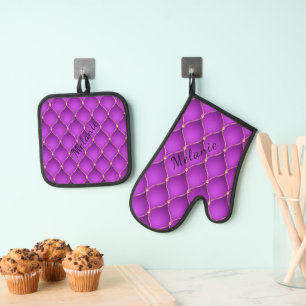 Ogee Gold Diamond Tufted Purple Violet Custom Name Oven Mitt & Pot Holder Set