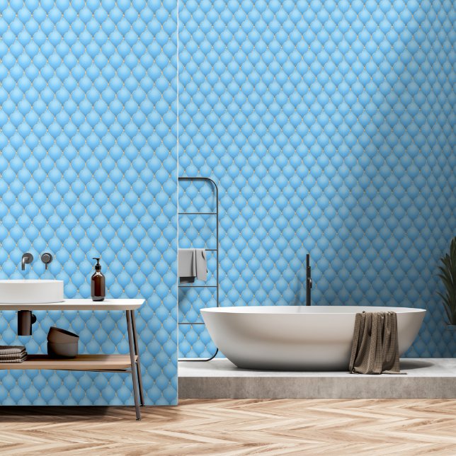 Ogee Gold Diamond Tufted Sky Blue Wallpaper (Bathroom)