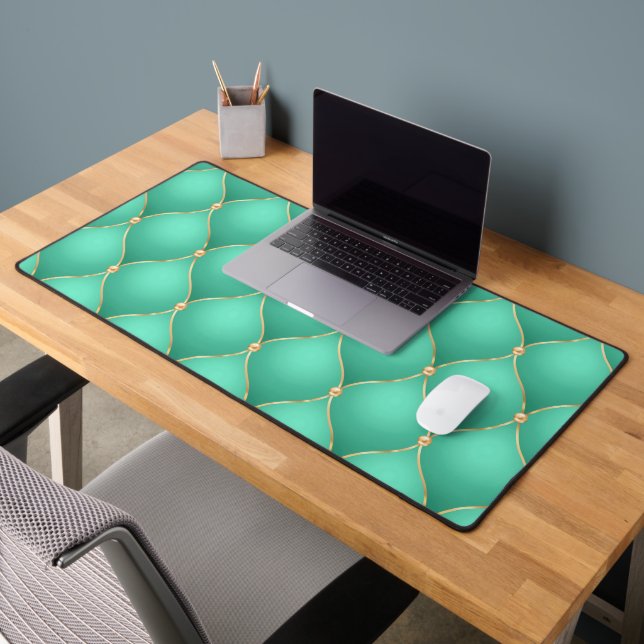 Ogee Gold Diamond Tufted Turquoise Desk Mat (Office 2)