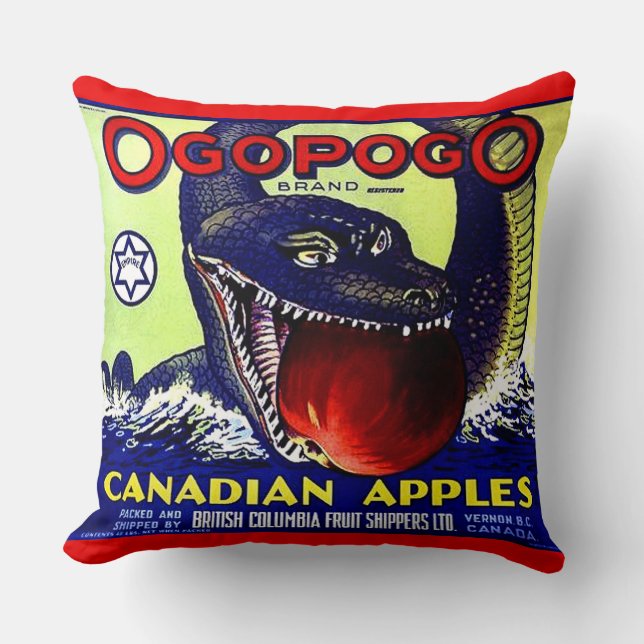Ogopogo Canadian apples fruit crate label print Throw Pillow (Front)