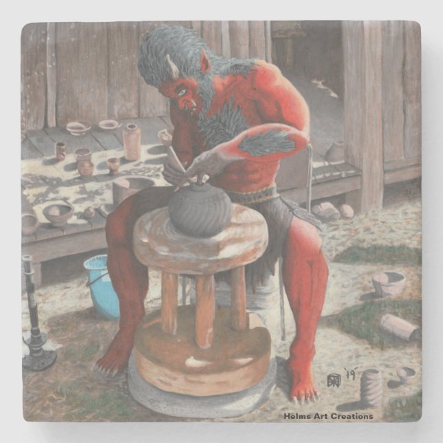 Ogre Using Pottery Wheel Fantasy Stone Coaster (Front)