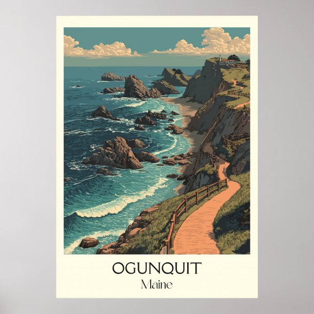 Ogunquit Maine Vintage Coastal Cliff Walk Art Poster (Front)