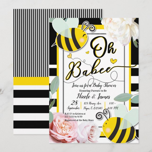 Oh BaBEE Bee Floral Chic Yellow Baby Shower Invitation (Front/Back)