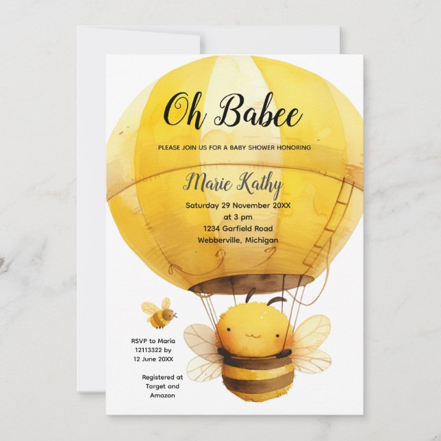 Oh babee Hot air Balloon Baby Shower Cute Bee Invitation (Front)
