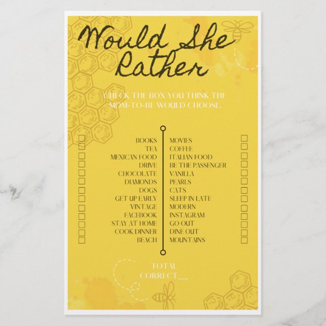 Oh Babee Would She Rather Game Flyer (Front)