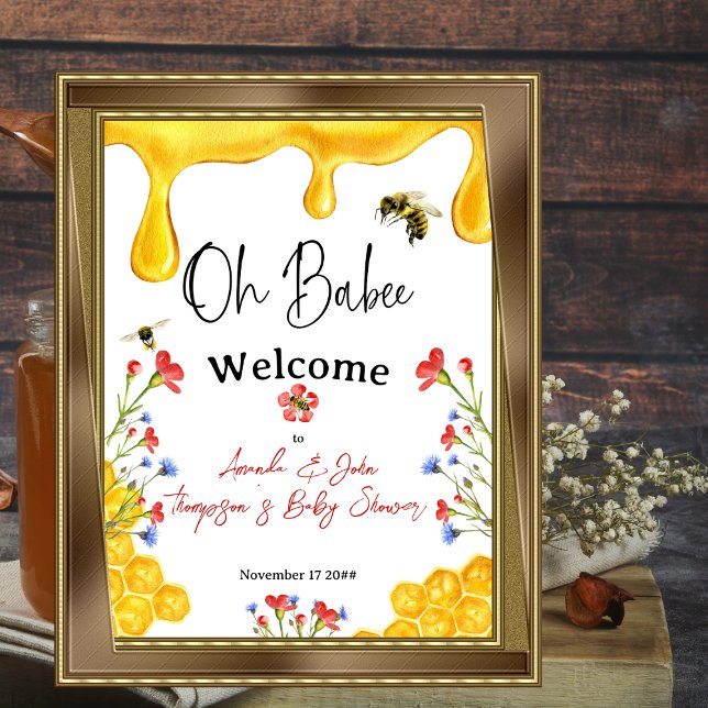 Oh Babee Yellow Bee Floral Baby Shower Welcome Poster (Creator Uploaded)