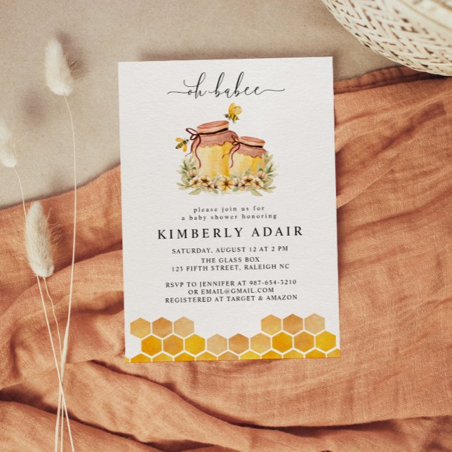 Oh Babee Yellow Watercolor Bumble Bee Floral Invitation (Oh Babee Yellow Watercolor Floral Baby Shower Invitation)
