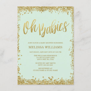 Oh Babies Mint Gold Glitter Baby Shower Invitation